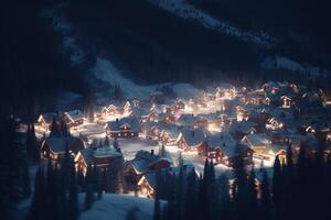 aéreo ver de un Nevado montaña recurso a noche con brillante casas y calles ai generado foto