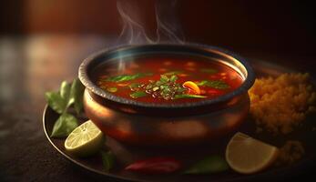 Aromatic and Spicy South Indian Rasam Soup with Tamarind and Lentils photo