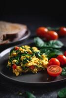 Savory spinach scrambled eggs on a dark plate photo