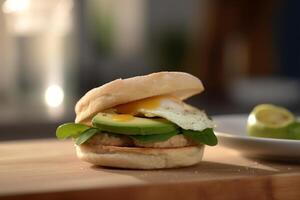 Avocado, Spinach and Fried Egg Sandwich on a Fresh Brioche Bun photo