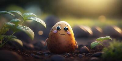 Cheerful Potato with Eyes on a Potato Field, AIIllustration photo