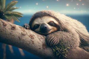 happy and tired sloth sleeps on a palm tree in summer photo