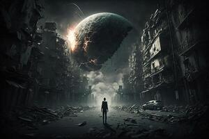 Dark scenery of an end of the world with Comet Planet Dimension photo