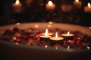romántico relajación torbellino con Rosa pétalos y velas ai generado foto