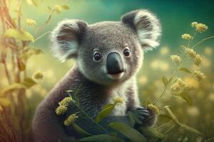 Koala sits on a green meadow in spring among flowers content photo