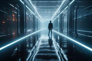 Finding the Way Out A Journey Through a Futuristic Blue Corridor photo