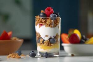 en capas baya yogur parfait con Granola ai generado foto