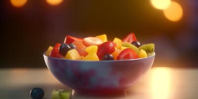 Colorful fruit salad in a bowl with mixed berries, kiwi, and mango photo