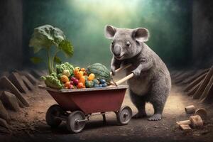 Koala gardening with a wheelbarrow full of vegetables Content photo