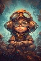 Flying High in a Magical World The Adventures of a Cute Little Boy Pilot in Comic Style Digital Painting photo