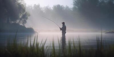 Fishing at Dawn Angler in the misty lake with fishing rod photo
