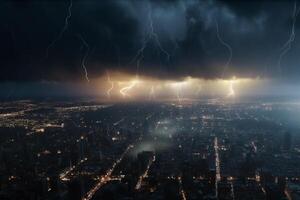 Tormentoso cielo terminado el ciudad aéreo ver de tormenta y relámpago ai generado foto