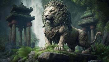 Majestic Lion Sculpture in Jungle Landscape Chinese Artwork photo