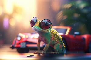 Charming Chameleon in Shades Relaxing in Front of Convertible Car photo