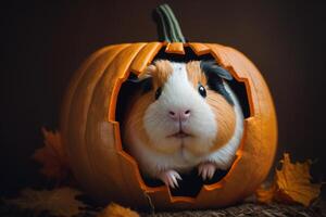 Funny guinea pig sits in the Halloween pumpkin and nibbles photo