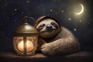 happy and tired sloth peacefully sleeps evening next to a lantern photo