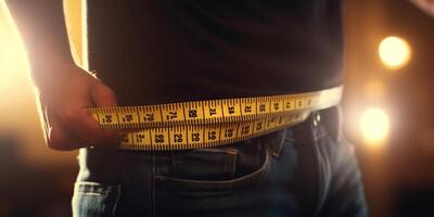 Measuring waist size with tape measure for weight loss progress photo