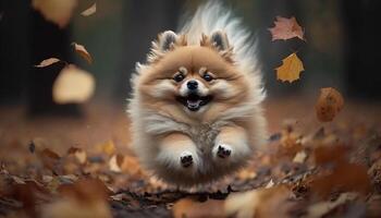 linda pomeranio perro jugando en un pila de otoño hojas ai generado foto