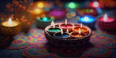 vibrante festivo decoraciones con vistoso velas para indio diwali celebraciones ai generado foto