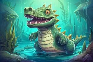 Whimsical and Colorful Digital Comic Art The Playful Adventures of Sarcosuchus in a Prehistoric World photo