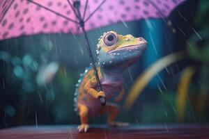 Rainy Day Chameleon A Photorealistic Cartoon Character with an Umbrella photo