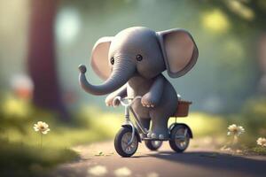 aventuras de un linda pequeño elefante primavera paseo en el bosque en un bicicleta ai generado foto