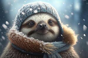 Cute sloth in hat and scarf in winter with snow photo