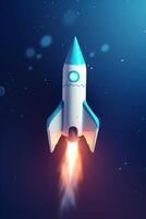 Symbolic 3D Rendering of White Rocket Model against Blue Background for Startup Concepts photo