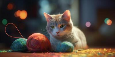 Playful Cat with Colorful Wool Balls photo