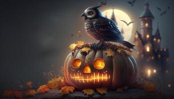 Enchanted Halloween Scene Crow Creature Perched on Glowing Pumpkin with Spooky Castle and Moon in Background photo