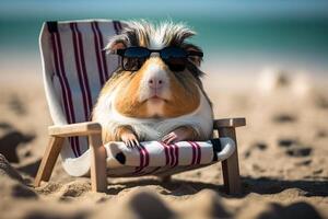 gracioso Guinea cerdo relaja en un cubierta silla por el mar en el playa ai generado foto