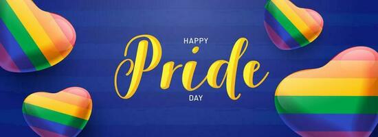 Happy Pride Day celebration header or banner design decorated with colorful hearts shape on blue background. vector