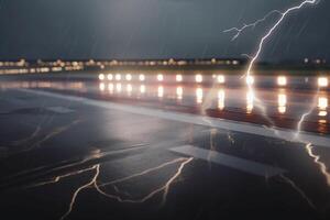 Tormentoso aterrizaje un ver de un aeropuerto pista durante pesado lluvia y relámpago ai generado foto