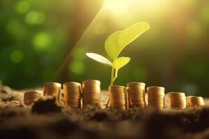 Green Seedling with Coins on the Ground, Eco-Financing and Sustainable Development Concept photo