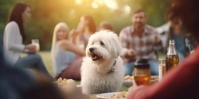 broncearse cachorro un perros día fuera en un soleado picnic día ai generado foto