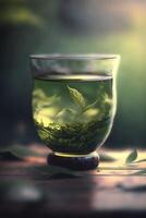 sereno ambiente con un vaso de verde té ai generado foto