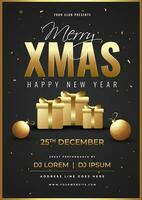 Advertising template or flyer design with gift boxes, baubles and event details for Merry Xmas and Happy New Year. vector