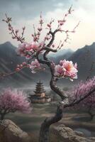 Serene Chinese landscape with pink blossoming peach tree photo