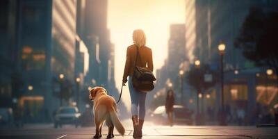 ciudad paseo con canino compañero un mujer y su perro en medio de rascacielos durante puesta de sol ai generado foto