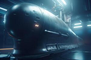 futurista submarino en submarino hangar con azul ligero efectos ai generado foto