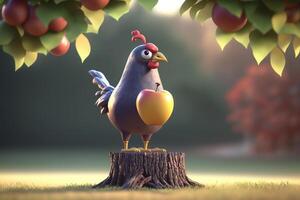 The Funny Chicken with an Apple under an Apple Tree photo