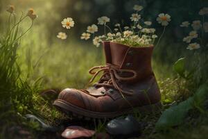 antiguo caucho botas plantado con flores en el jardín ai generado foto