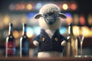 Cute and Hilarious Woolen Sheep Serving as a Bartender in a Bar photo