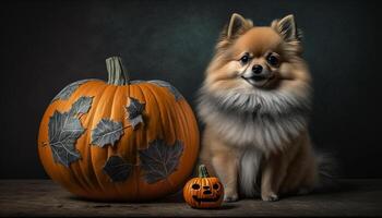 adorable pomeranio perro posando con un Víspera de Todos los Santos calabaza ai generado foto