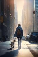 ciudad paseo con canino compañero un mujer y su perro en medio de rascacielos durante puesta de sol ai generado foto