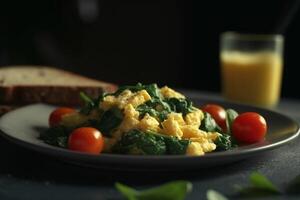 Savory spinach scrambled eggs on a dark plate photo