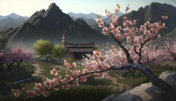 Serene Chinese landscape with pink blossoming peach tree photo