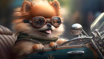 montando escopeta adorable pomeranio perro con aviador gafas de protección en un motocicleta sidecar ai generado foto