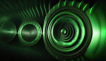 Green sound waves emanating from speaker on dark background, abstract photo