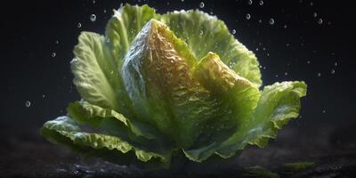 Illustration of fresh green lettuce salad with water drops content photo